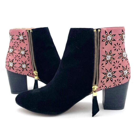 Anthropologie Miss Albright Kaida Beaded Ankle Bootie Black Pink Suede Size 8 - Picture 10 of 16